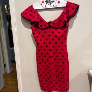 Red Polka Dot Dress with Ruffle Neckline